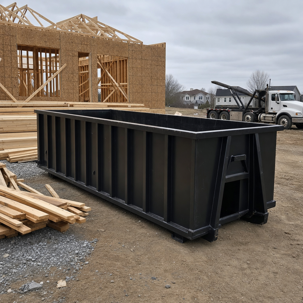 Matte-black 40-yard roll-off dumpster staged on a framed-out residential construction site in Hesperia, framing lumber stacked nearby, hooklift delivery truck visible in the background under bright Colorado daylight