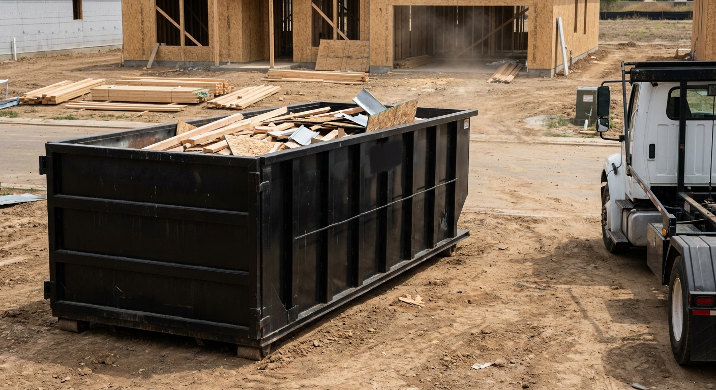 Matte-black 20-yard roll-off construction dumpster with heavy ribbed steel sidewalls and swing rear doors at a working jobsite in Hesperia, sitting directly on compacted dirt with an unmarked white hauler partially visible at the far edge of the frame.