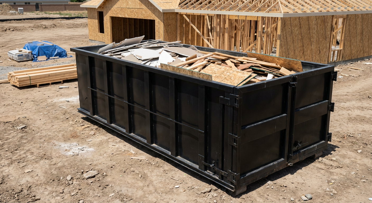 Matte-black 30-yard roll-off construction dumpster sitting directly on the compacted-dirt site of a framed single-family home build in Hesperia, drywall and lumber scrap loaded inside.