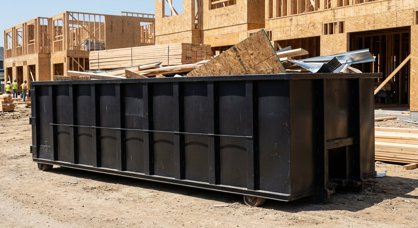 Matte-black 40-yard roll-off construction dumpster being lowered from a white-cab hooklift delivery truck onto the compacted-dirt jobsite at a commercial build site in Hesperia