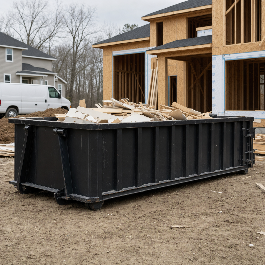 Worker in a yellow high-visibility vest tossing framing lumber and broken drywall into a matte-black 30-yard construction roll-off dumpster on an active build site in Hesperia, bright daylight