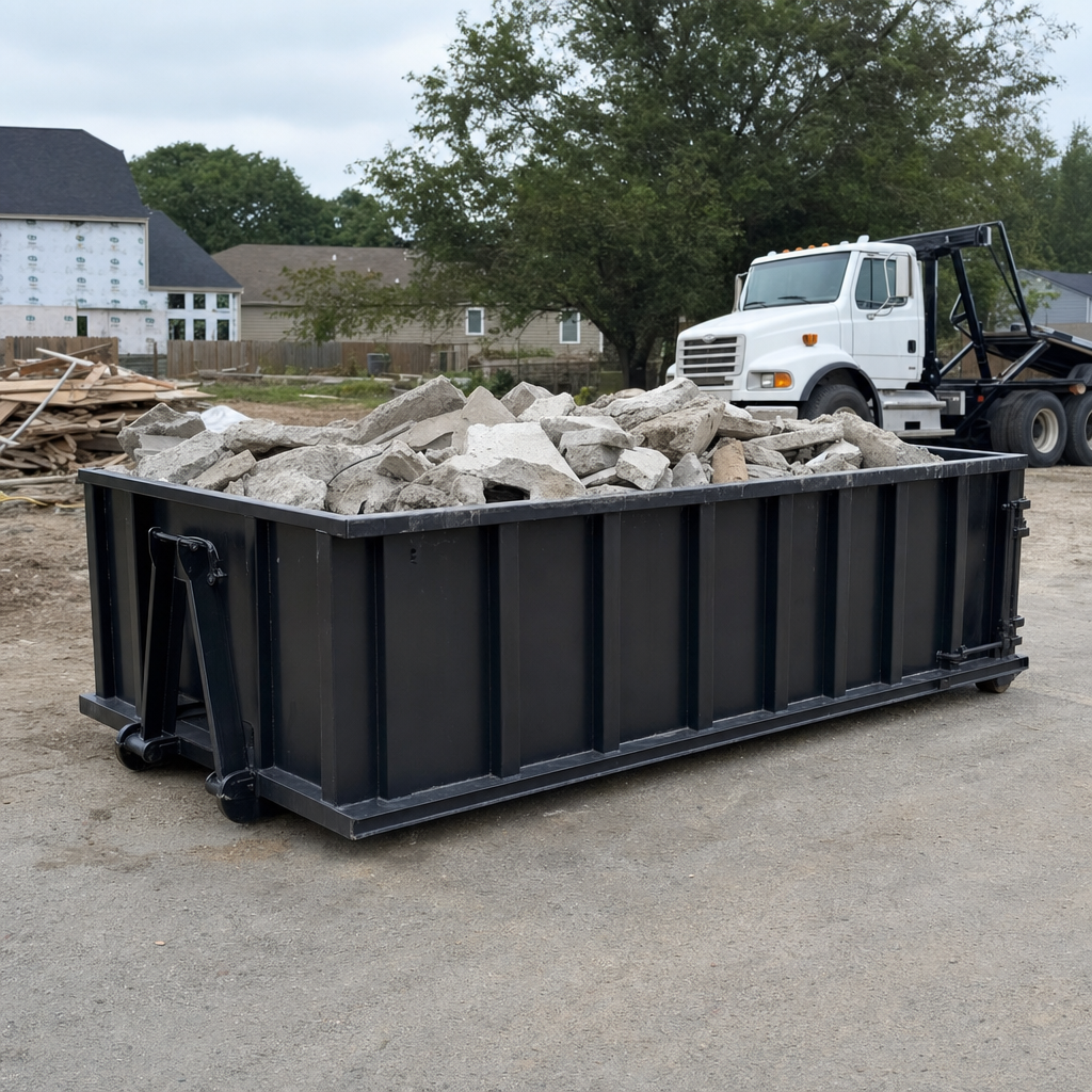 Low-profile matte-black lowboy roll-off dumpster loaded with broken concrete slab and rebar at a foundation tear-out in Hesperia, skid steer parked beside it, sunny Colorado morning