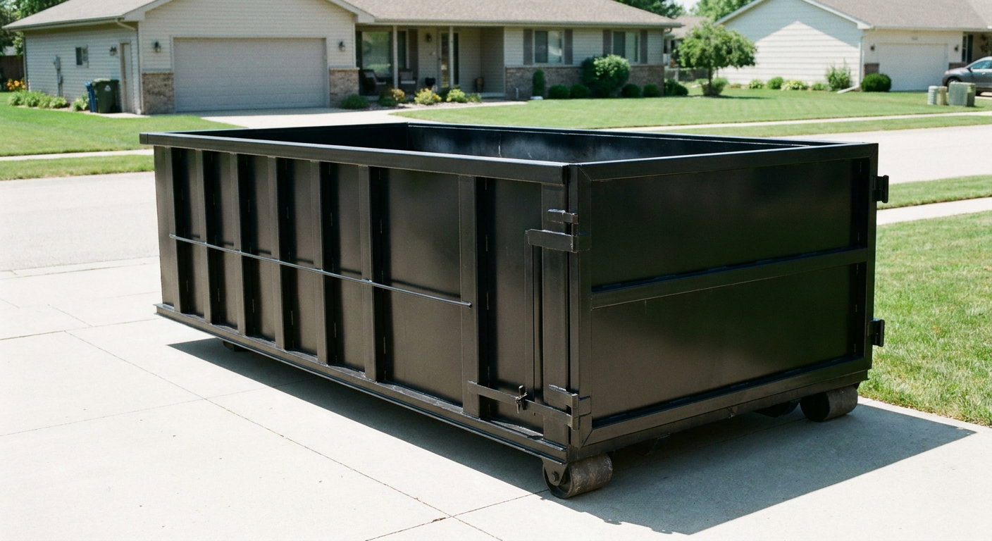 Matte-black 10-yard roll-off dumpster on a residential concrete driveway in Hesperia, uniformly painted matte black across every panel and rail, ribbed steel sidewalls and rear swing door visible, mid-day daylight.