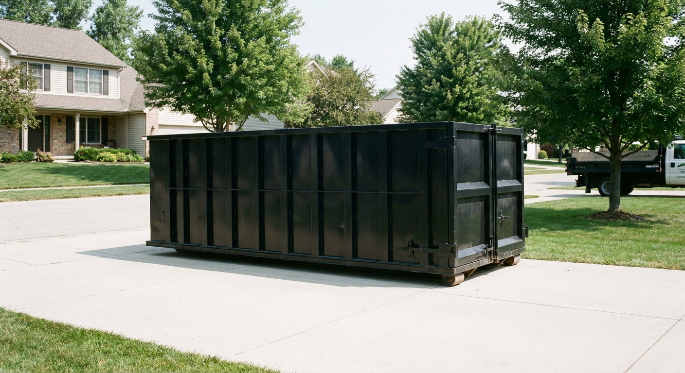 Matte-black 20-yard roll-off dumpster sitting level on a clean Hesperia residential concrete driveway under bright daylight, demonstrating clean placement directly on the concrete.