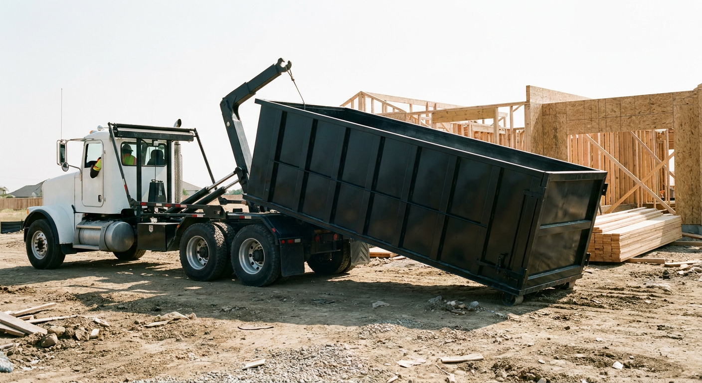 Matte-black roll-off dumpster being delivered onto a clean residential concrete driveway in Hesperia by an unmarked white hooklift hauler truck, bright morning daylight, documentary 35mm perspective.