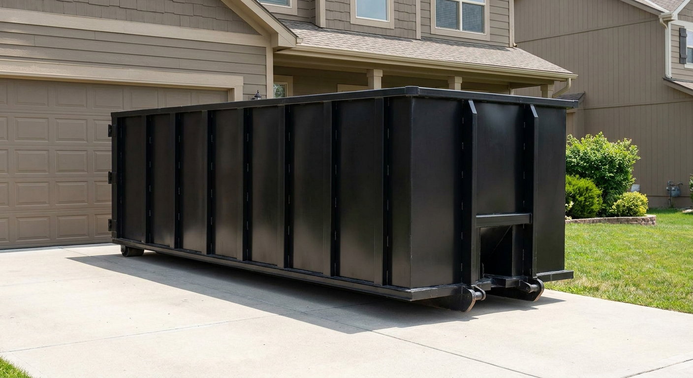 Matte-black residential roll-off dumpster sitting directly on a suburban Hesperia concrete driveway, garage door closed, single-family home in background, bright morning daylight.