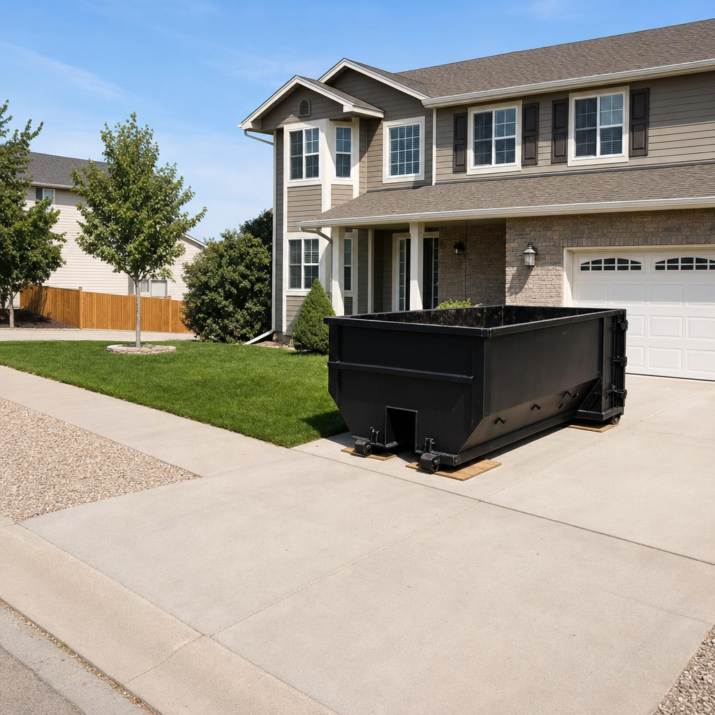 10-yard matte-black residential dumpster placed directly on a narrow Hesperia concrete driveway, room remains for a parked sedan beside it, mid-morning natural light