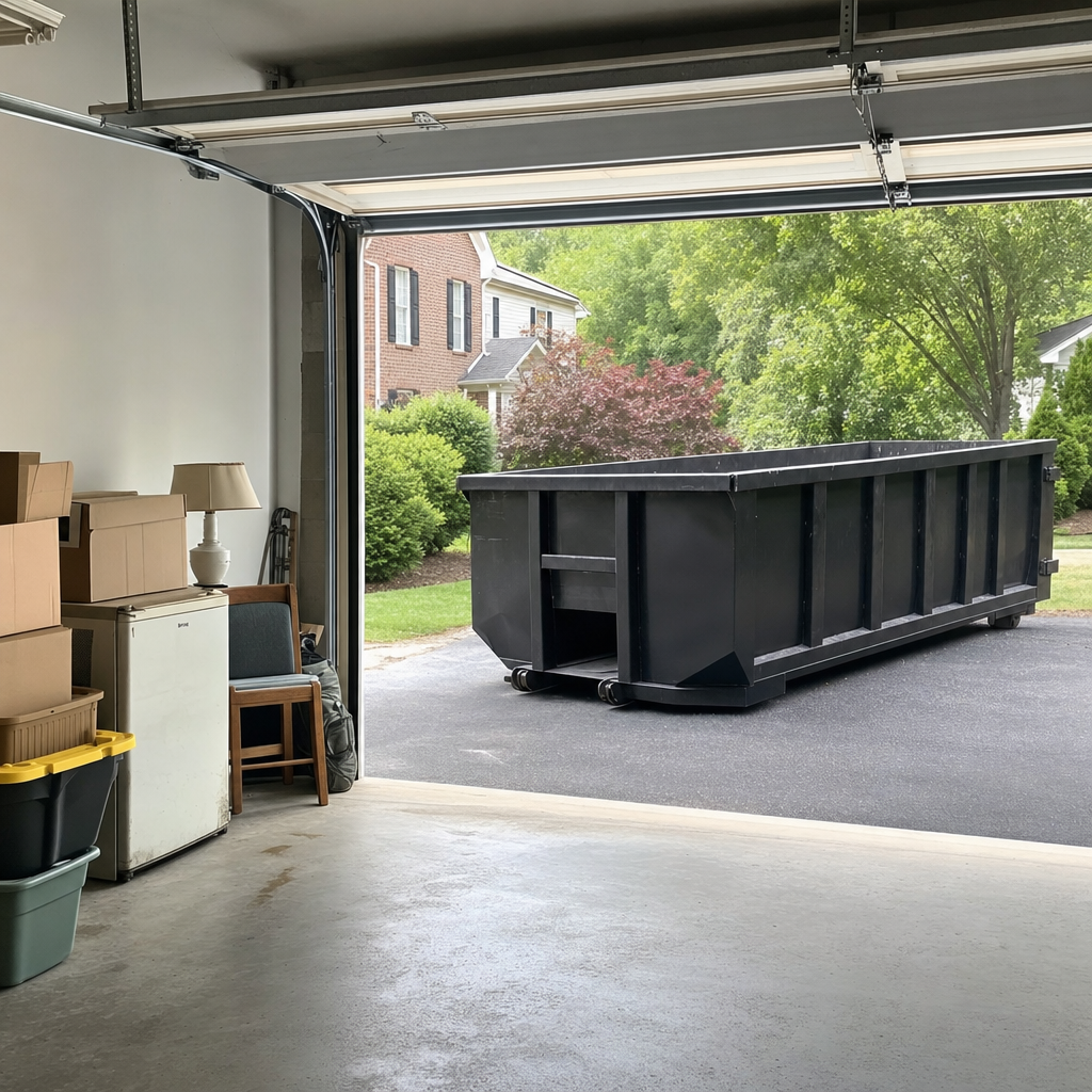 Open garage interior in a Hesperia home mid-cleanout — boxed items, an old appliance, and stacked yard tools queued near the driveway for a matte-black roll-off dumpster, organized and calm