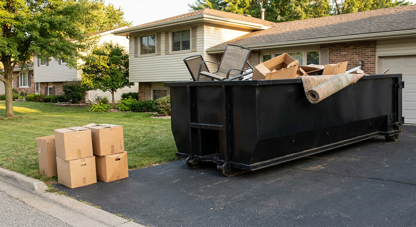 Front-yard view of a Hesperia split-level home with a 20-yard matte-black roll-off dumpster sitting directly on the asphalt driveway, a few clearly labeled donation boxes staged at the curb, calm sunny afternoon.