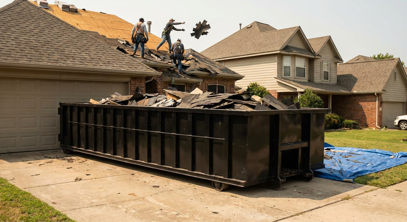 Matte-black roofing roll-off dumpster placed directly on a Hesperia residential concrete driveway, a tear-off crew on a two-story asphalt-shingle roof tossing shingle bundles into the low-walled container, bright daylight, documentary 35mm perspective.