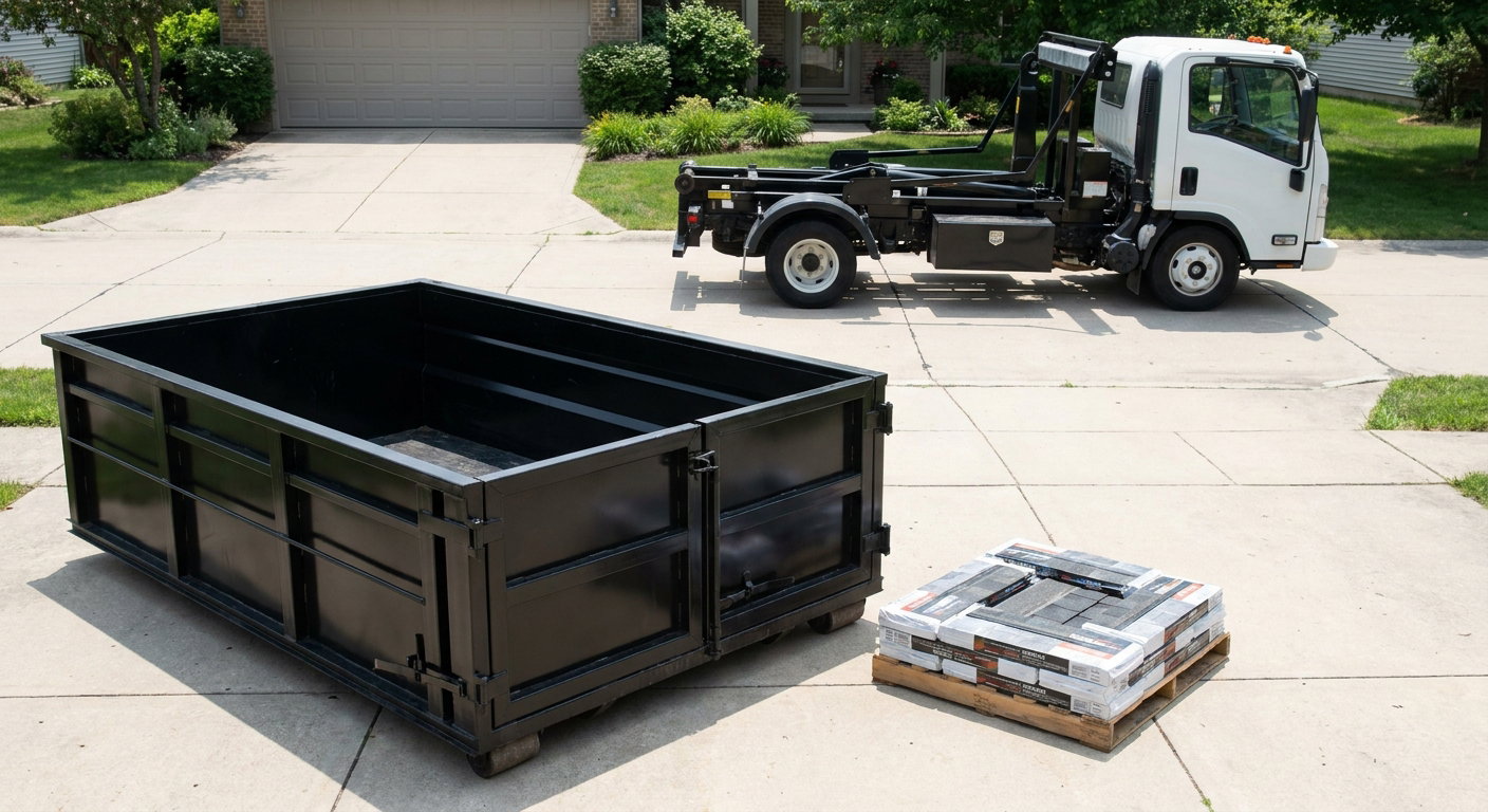 Matte-black 15-yard roofing roll-off dumpster with reinforced low side walls sitting directly on a Hesperia residential concrete driveway, three-tab asphalt shingle bundles stacked nearby, an unmarked white hauler truck partially visible at the edge of the frame.