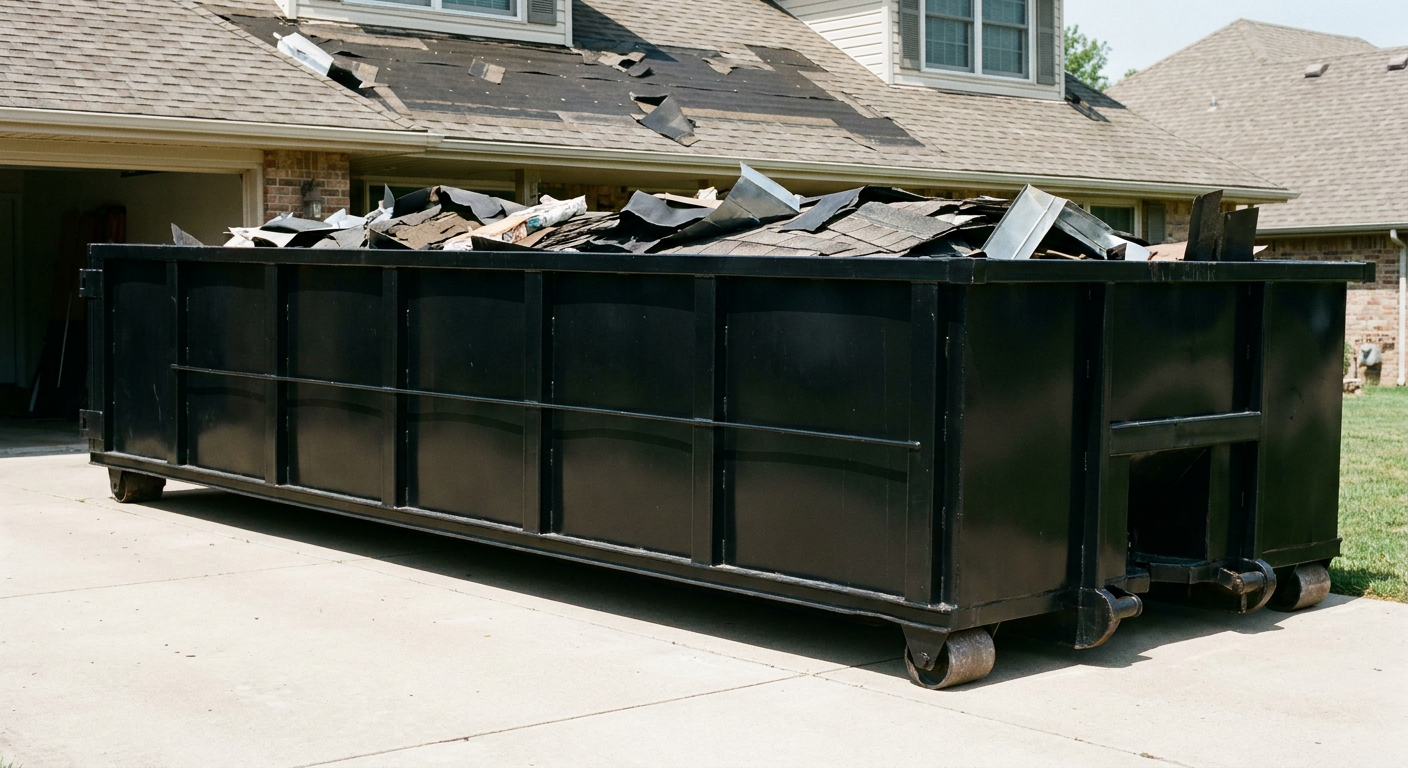 Matte-black 20-yard roofing roll-off dumpster with steel ribbed sides and swinging rear door, sitting directly on the concrete driveway of a two-story Hesperia home, asphalt shingle debris being loaded over the low wall, clean documentary lighting.