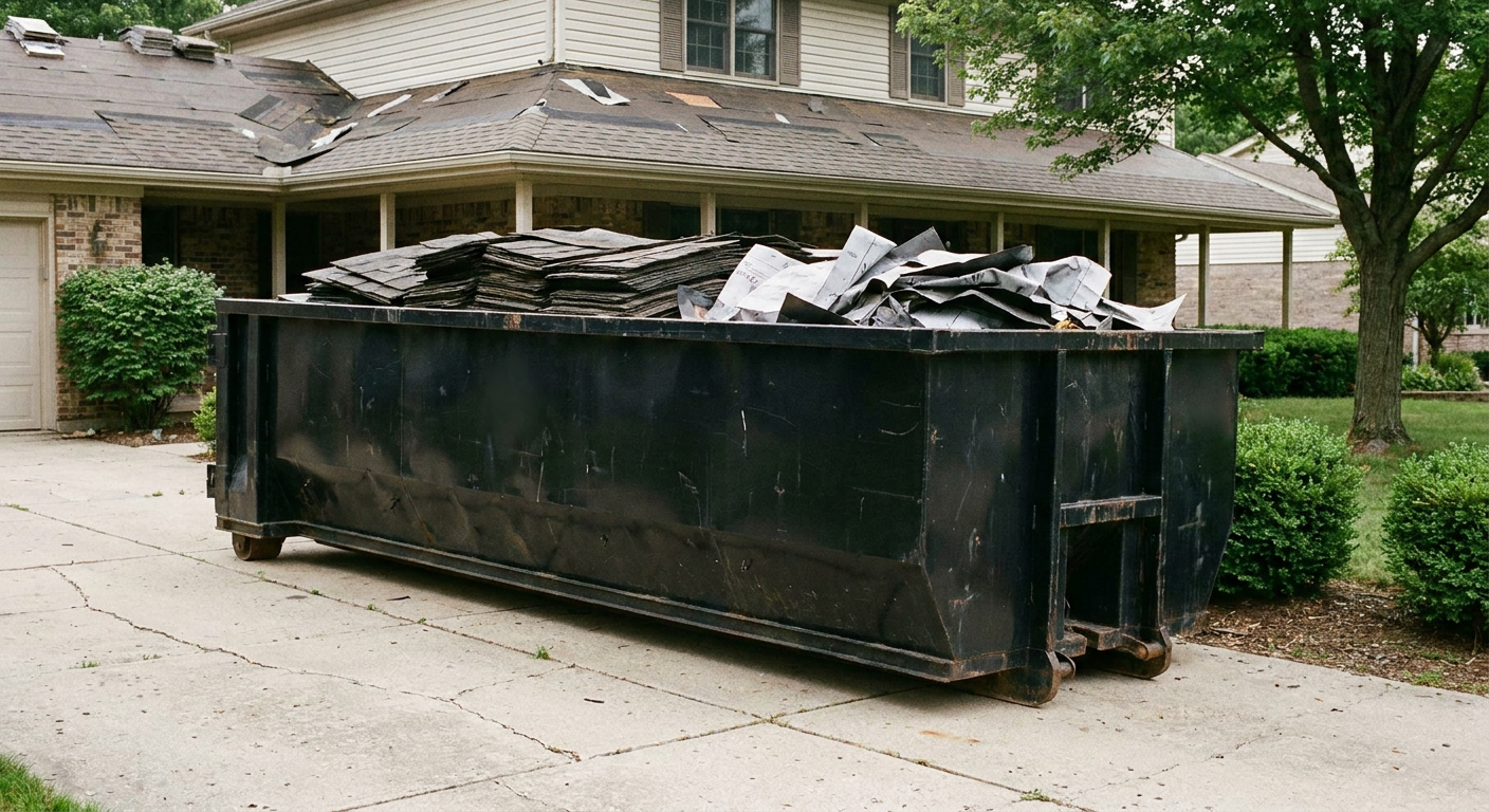Matte-black 30-yard roofing roll-off dumpster sitting directly on a Hesperia concrete driveway, taller ribbed steel side panels, mixed tear-off debris of asphalt shingles and underlayment inside, professional documentary daylight.