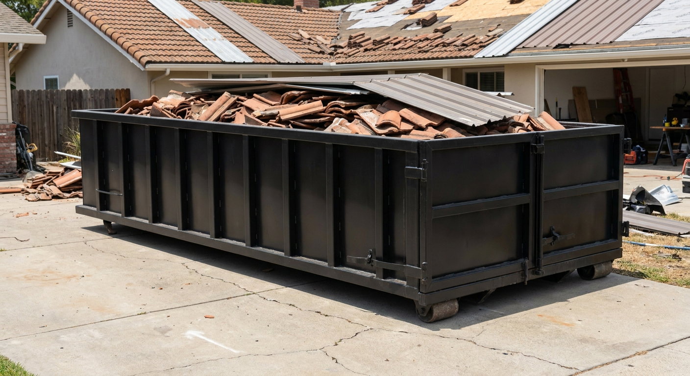 Matte-black low-wall heavy-debris roofing roll-off dumpster sitting directly on a Hesperia concrete driveway, broken concrete clay roof tiles and metal panel sections loaded inside, reinforced ribbed steel side walls visible, bright outdoor daylight.