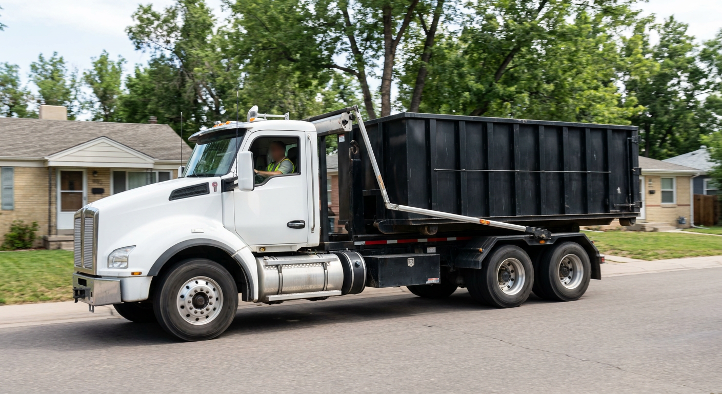 A wide documentary shot of a matte-black roll-off delivery truck pulling onto a quiet Hesperia residential street at mid-morning, with neighborhood rooftops and tree-lined blocks visible behind, showing the metro coverage footprint.