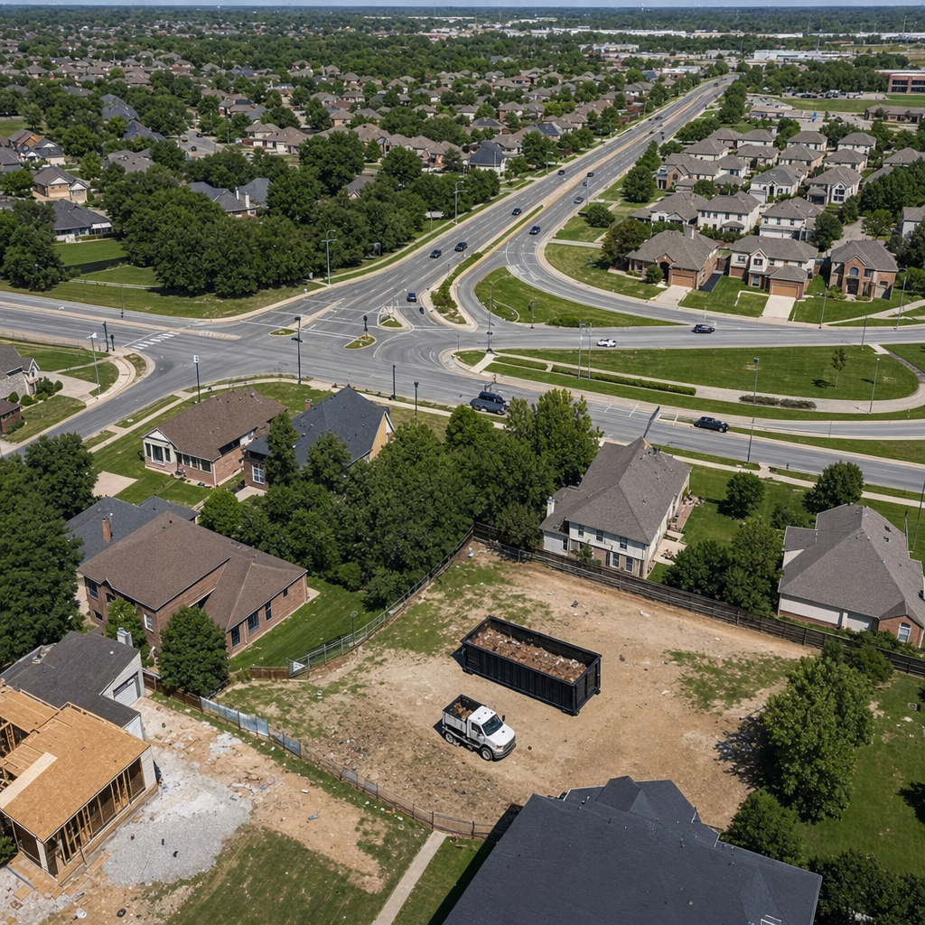 An overhead documentary view of the Hesperia metro area at midday, showing the spread of neighborhoods, arterial roads, and the dispatch radius from a central yard — clean daylight, organized geographic layout.