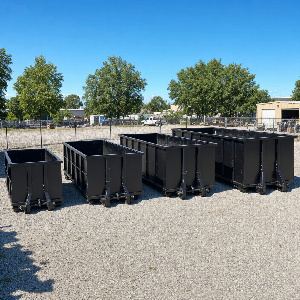 A clean lineup of matte-black roll-off dumpsters in 10, 20, 30, and 40-yard sizes staged on a sunlit gravel yard in Hesperia, showing the size progression from compact to commercial-scale containers.
