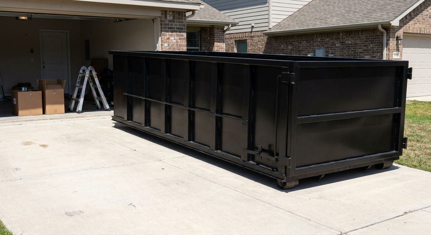 A matte-black 10-yard roll-off dumpster sitting directly on a residential Hesperia concrete driveway, mid-day sunlight, clean and ready for a garage cleanout.