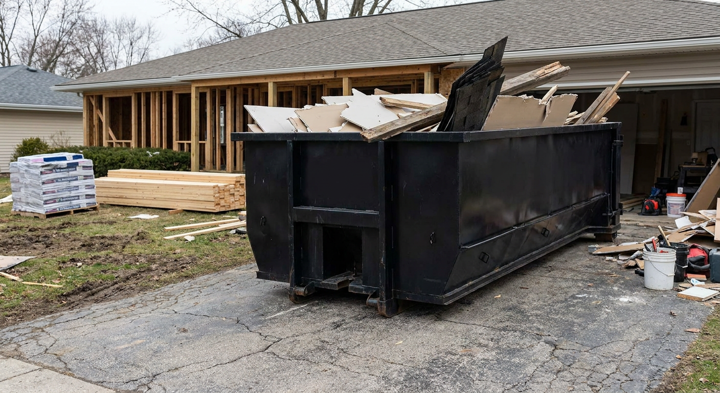 A matte-black 20-yard roll-off dumpster placed alongside a mid-renovation Hesperia home directly on the asphalt driveway, with framing materials and torn-off shingles staged neatly nearby.