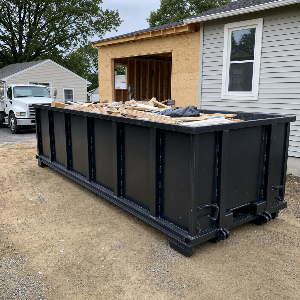 A matte-black 30-yard roll-off dumpster positioned at a Hesperia residential addition jobsite, with framing lumber and drywall scraps loaded through the open swinging rear doors.