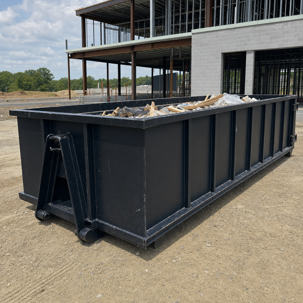A matte-black 40-yard roll-off dumpster staged on a large Hesperia commercial construction lot, with a hooklift delivery truck parked alongside under bright midday sky.