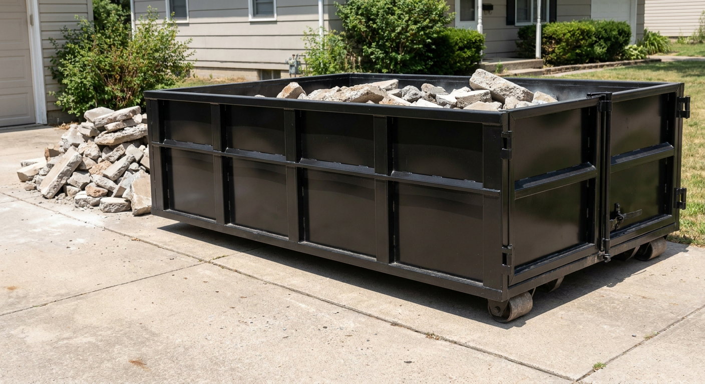A matte-black low-side heavy-debris roll-off dumpster placed directly on a Hesperia concrete driveway, with broken concrete chunks neatly stacked beside it under clean daylight.